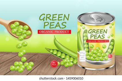 Green peas can Vector realistic. Product placement. Label design package. 3d illustration