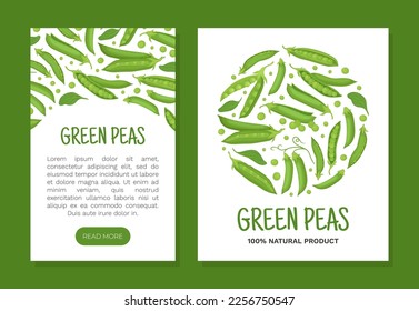 Green peas card templates set. Healthy natural organic product web banner, landing page cartoon vector