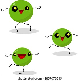 green peas cartoon character laughing and dancing on white background set of different movements food and ingredients concept