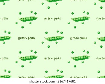 Green peas cartoon character seamless pattern on green background. Pixel style