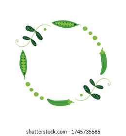 Green peas, garden peas with leaves and pods vector round frame, background.
