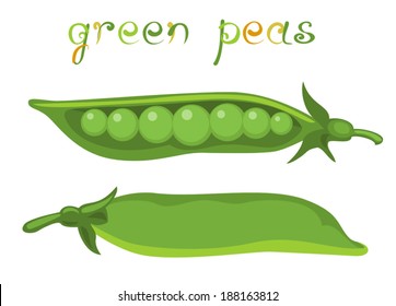 Green Peas. Illustration of fresh green peas pods. Cartoon vegetable. Clip art with title. Isolated on white. Vector file is EPS8, all elements are grouped.