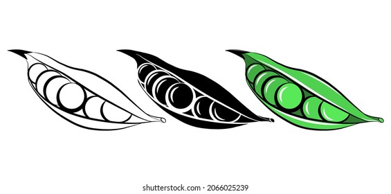 Green peas isolated vector icon. Vegetable fresh food cartoon outline sketch set. Package logo design element. Farm natural healthy food. Vegan organic plant. Simple emblem template. Graphic symbol.