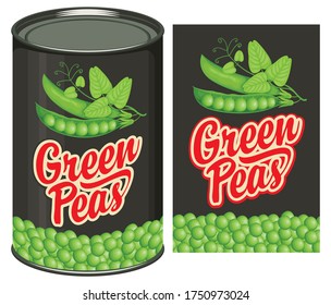 Green peas label and tin can with this label. Vector banner in retro style for canned food, long-term storage product. Label design with a realistic green peas, pods, tendrils, leaves and inscription