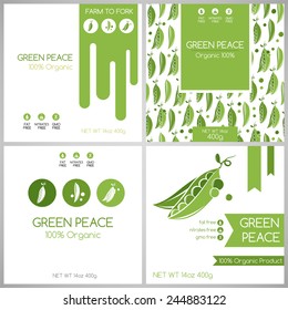 Green peas labels set. Collection of banners for pack design. Vegetarian food tags
