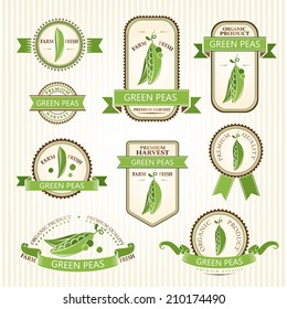 Green peas labels. Vegetables color package decorations set. 