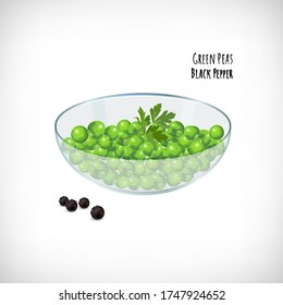 Green peas, parsley leaf in the transparent glass bowl, whole black pepper in flat style. Vector hand drawn vegetable organic products. Lettering Green Peas, Black Pepper. Vector illustration.