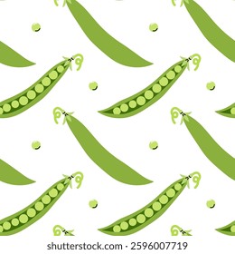 Green peas pattern design featuring peas in pods and scattered peas on a white background ideal for textiles or decorative use