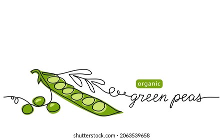 Green Peas Pod, Simple Color Vector Illustration. One Continuous Line Art Drawing With Lettering Organic Green Peas.