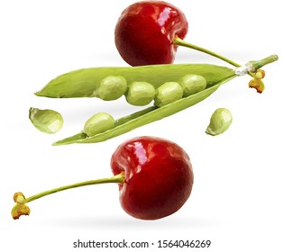 Green peas, red cherry in polygonal style. Low poly fresh food. Elements for label design. Ingredients in triangulation technique. Vector illustration.