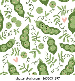 Green peas seamless pattern with cute faces in hand-drawn style. vector cute green natural design for tea towels and kitchen cloth. 