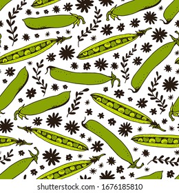 Motif harmonieux de pois verts, croquis vectoriel dessiné à la main et fleurs de gribouillis isolées sur fond blanc