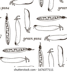 Green peas seamless pattern, hand drawn vector sketch isolated on white background
