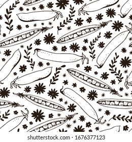 Motif harmonieux de pois verts, croquis vectoriel dessiné à la main et fleurs de gribouillis isolées sur fond blanc