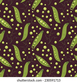 Green peas seamless pattern on brown background.