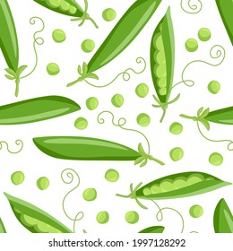 Green peas seamless pattern. Pea pod vegetable with seeds. Healthy eating Vegetable Ingredients for cooking. Autumn flat design for wallpaper, digital paper, textile fabric, wrapping, kitchen print