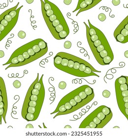 Green peas seamless pattern. Pea pod vegetable with seeds. Healthy eating Vegetable Ingredients for cooking.