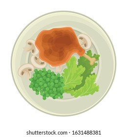 Green Peas Served on Plate with Chicken Leg Top View Vector Illustration