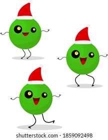 juego de guisantes verdes de personajes de dibujos animados en objetos de sombrero santa bailando sobre navidades de fondo blanco y concepto de año nuevo