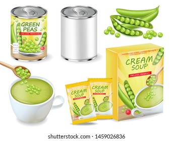 Green peas soup and can Vector realistic. Product placement. Label design package set collection