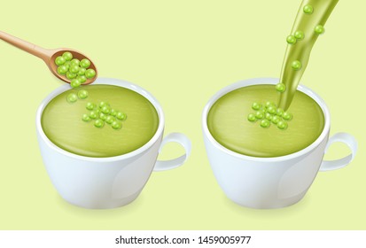 Green peas soup Vector realistic. White cup. Pourring green soup 3d illustration