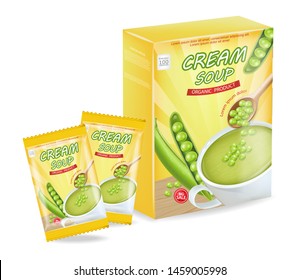 Green peas soup Vector realistic. Product placement mock up. Label design package. 3d illustration