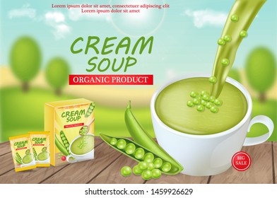 Green peas soup Vector realistic. Product placement mock up. Label design package. 3d illustration