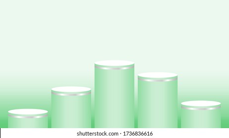 green pedestal cylinder circle five steps for cosmetics showcase, podium circle stage green pastel soft color, platform 5 steps for advertising copy space, podium round five layers for product display