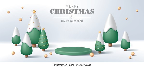 Green pedestal or podium with Christmas trees and pearls on white background.  Christmas concept. Vector illustration for product demonstration, banner, poster, flyer, advertisement.