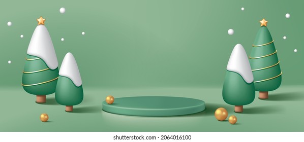 Green pedestal or podium with pine trees, snow and pearls on green background.  Christmas concept. Vector illustration for product demonstration, banner, poster, flyer, advertisement.