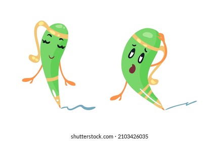 Green pen characters set. Cute stationery tool with funny face expression cartoon vector illustration