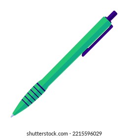 Green Pen Vector Cartoon Illustration. School Writing Tool, Ink Pen On White Background. School, Writing Materials Or Stationery Concept