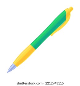 Green Pen vector illustration. School writing tool, ink pen, mechanical pencils on white background. School, writing materials or instrument