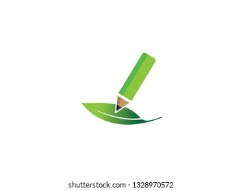 Green pen write in the leaf, natural plant for logo design illustration on white background