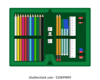 Green pencil case with school supplies isolated on white background. Flat design. Vector illustration. EPS 8, no transparency