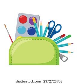 Green pencil case with stationery on white background