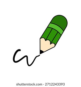Green pencil drawing a simple black line. Cartoon style illustration on a white background. Symbol of creativity, education, and writing. Clean, minimalist design.