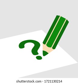 green pencil draws a question mark on a piece of paper