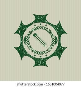 Green pencil icon inside distressed rubber stamp