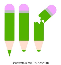 Green Pencil Icon Set. Whole And Broken. Hand Art Design. School Supplies. Flat Sign. Vector Illustration. Stock Image. 