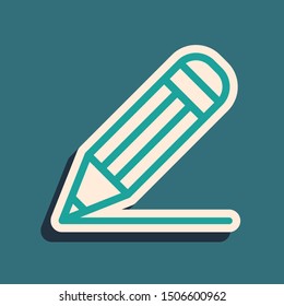 Green Pencil and line icon isolated on blue background. Education sign. Drawing and educational tools. School office symbol. Long shadow style. Vector Illustration