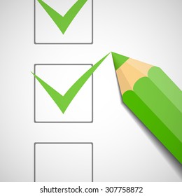Green pencil puts a check in the document. Stock vector image.