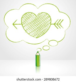 Green Pencil with Reflection Drawing Cupid's Arrow through Heart Icon in Fluffy Cloud Shaped Think Bubble on Grey Background