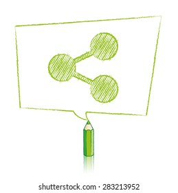 Green Pencil with Reflection Drawing Digital Share Icon in Skewed Rectangular Speech Bubble on White Background