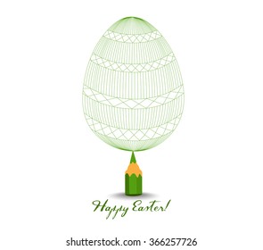Green Pencil with Reflection Drawing Easter Egg on White Background