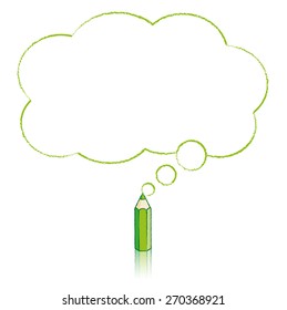 Green Pencil with Reflection Drawing Fluffy Cloud Shaped Think Bubble on White Background