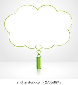 Green Pencil with Reflection Drawing Fluffy Cloud Shaped Think Bubble on Grey Background