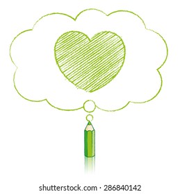 Green Pencil with Reflection Drawing Heart Icon in Fluffy Cloud Shaped Think Bubble on White Background