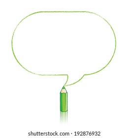 Green Pencil with Reflection Drawing Oblong Speech Bubble on White Background