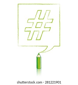 Green Pencil with Reflection Drawing Outlined Hash tag in Square Speech Bubble on White Background